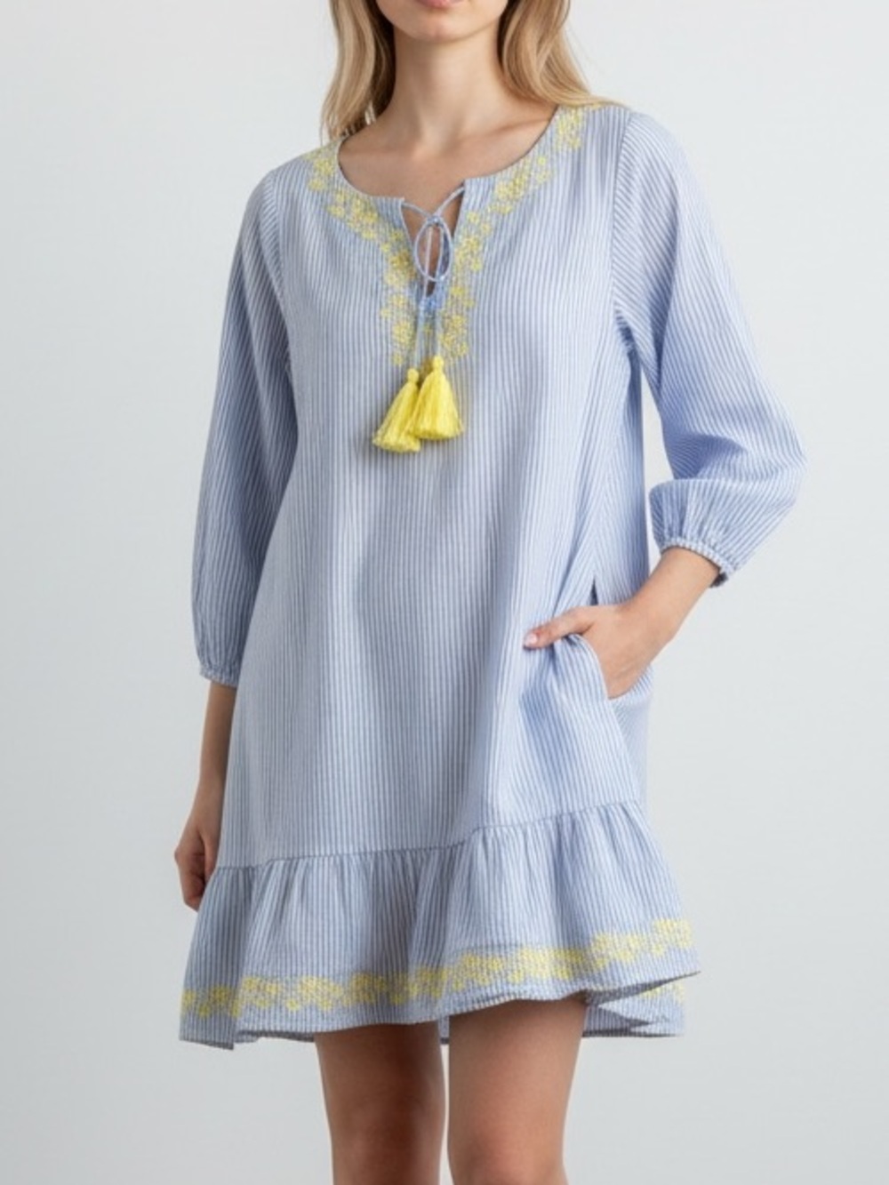 Sail to Sable Blue and White Embroidered Blouse with 3/4 Sleeves